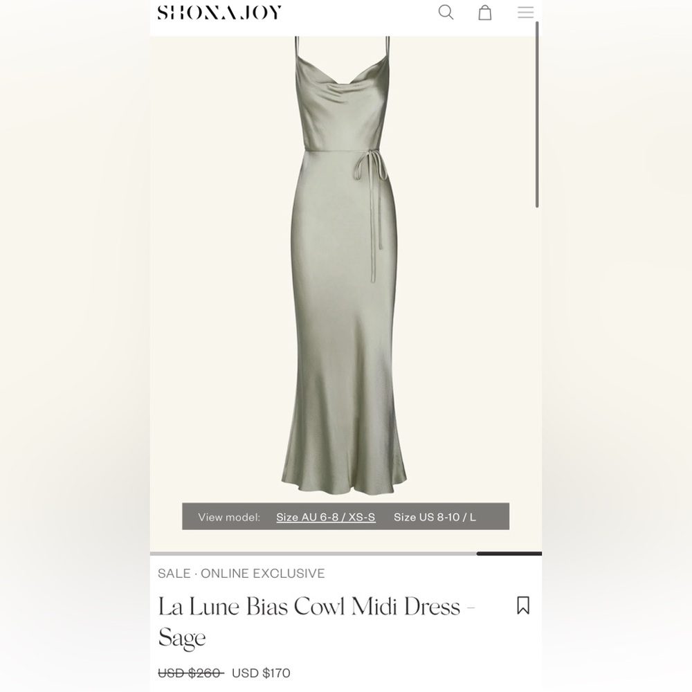 Brand new Shona Joy La Lune Bias Cowl Midi dress (sage), size 4